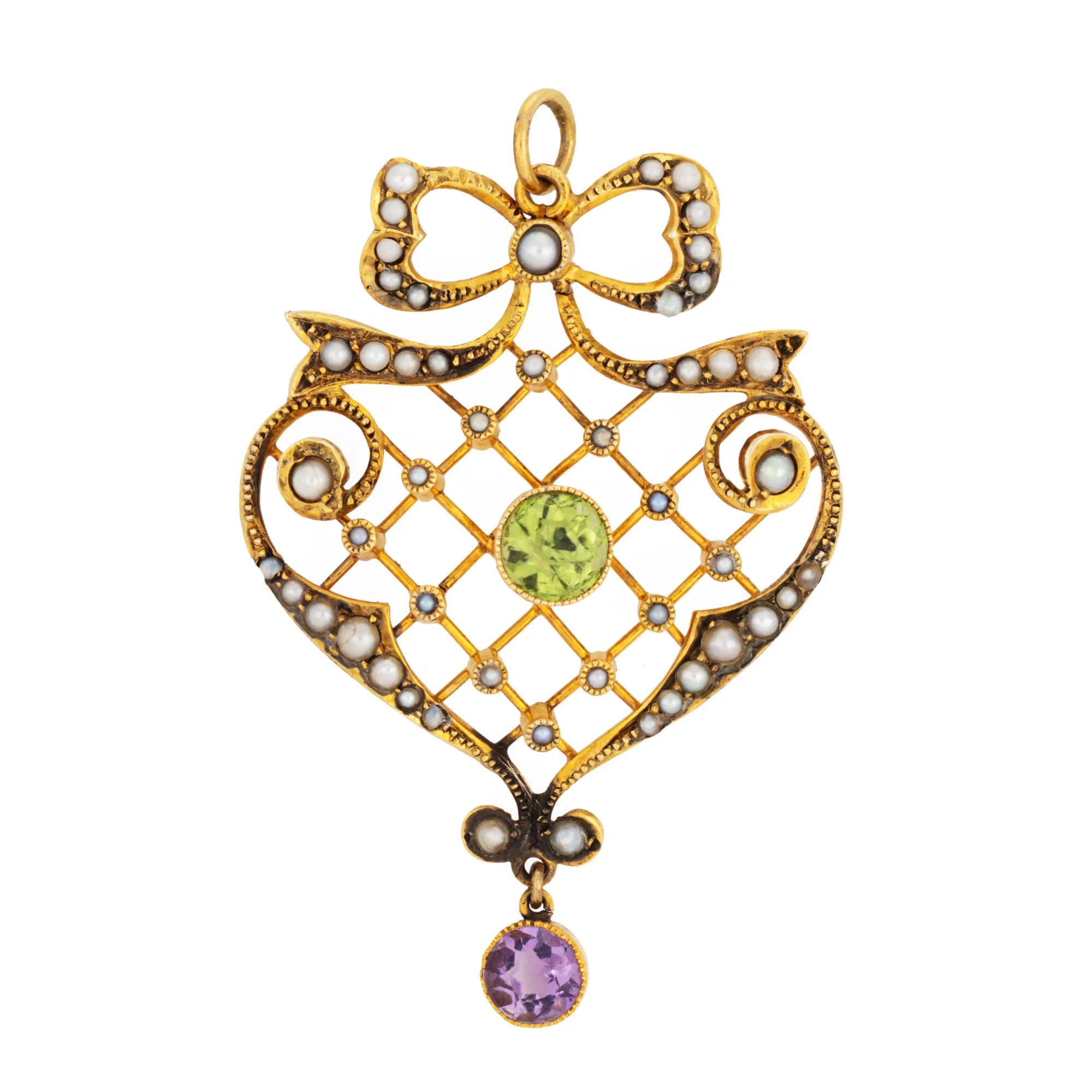 Antique Edwardian Lattice Pendant Peridot Amethyst Seed Pearls 9k Yellow Gold