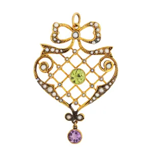 Antique Edwardian Lattice Pendant Peridot Amethyst Seed Pearls 9k Yellow Gold