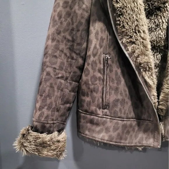 Armani Exchange Leopard Print Faux Suede Faux Shearling Moto Jacket Sz L Women
