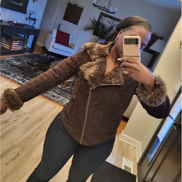 Armani Exchange Leopard Print Faux Suede Faux Shearling Moto Jacket Sz L Women