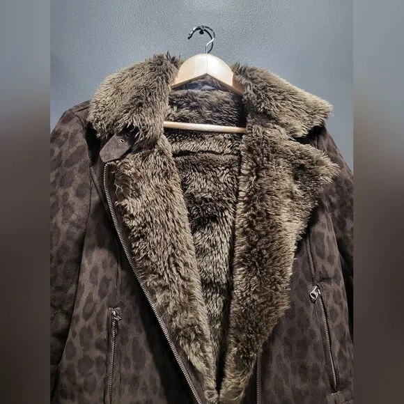 Armani Exchange Leopard Print Faux Suede Faux Shearling Moto Jacket Sz L Women