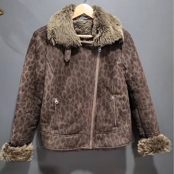 Armani Exchange Leopard Print Faux Suede Faux Shearling Moto Jacket Sz L Women