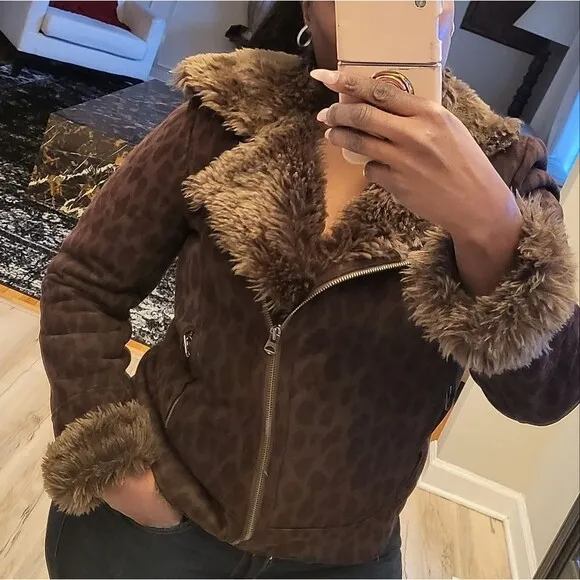 Armani Exchange Leopard Print Faux Suede Faux Shearling Moto Jacket Sz L Women