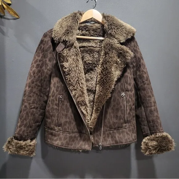 Armani Exchange Leopard Print Faux Suede Faux Shearling Moto Jacket Sz L Women