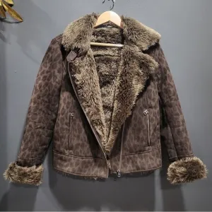 Armani Exchange Leopard Print Faux Suede Faux Shearling Moto Jacket Sz L Women