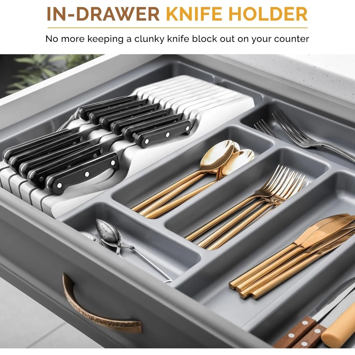 Bambusi In-Drawer Knife Block - Organizes Up to 16 Knives (White)