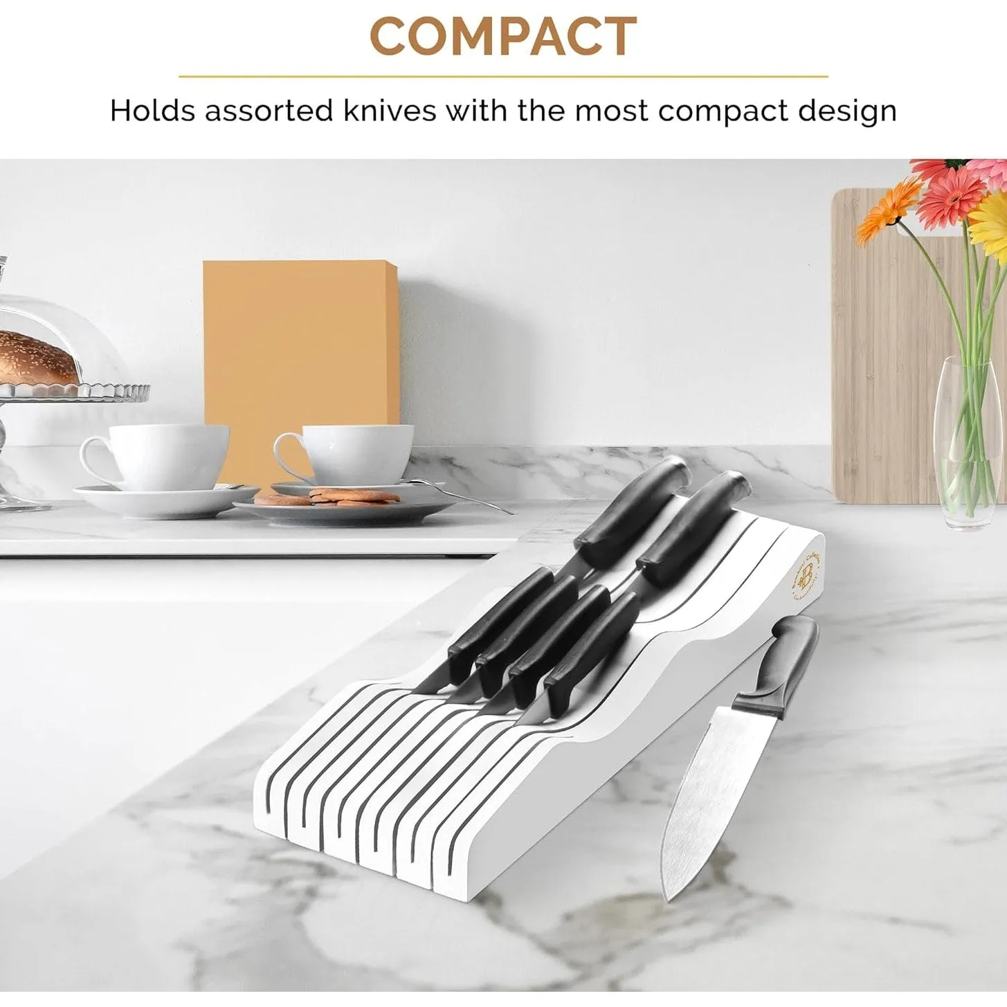 Bambusi In-Drawer Knife Block - Organizes Up to 16 Knives (White)
