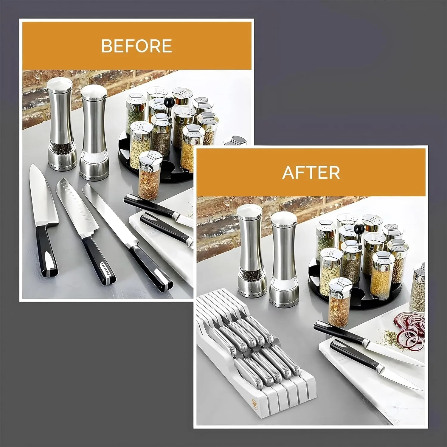 Bambusi In-Drawer Knife Block - Organizes Up to 16 Knives (White)