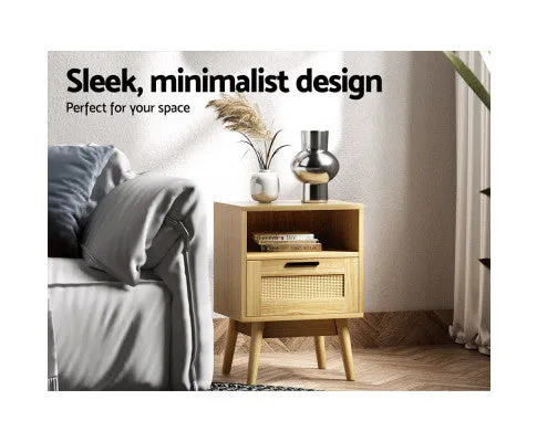 Bedside Tables Rattan Drawers Side Table Nightstand Storage Cabinet Wood
