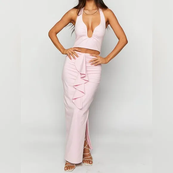 Beginning Boutique Wmn 6 Pink Ruffle Cut Out Front Halter Raelynn Maxi Dress NWT