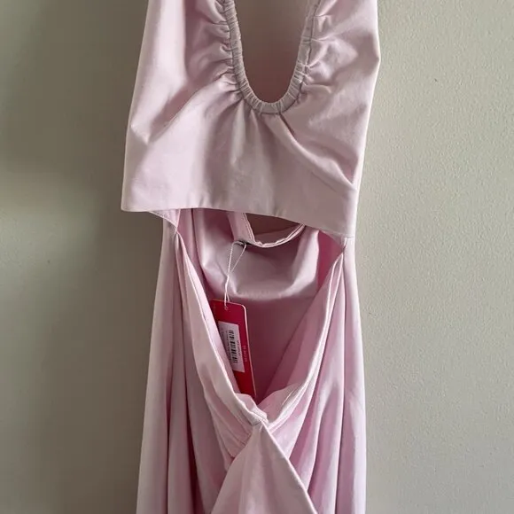 Beginning Boutique Wmn 6 Pink Ruffle Cut Out Front Halter Raelynn Maxi Dress NWT