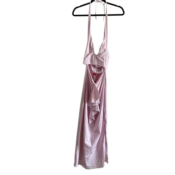 Beginning Boutique Wmn 6 Pink Ruffle Cut Out Front Halter Raelynn Maxi Dress NWT