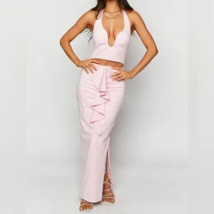 Beginning Boutique Wmn 6 Pink Ruffle Cut Out Front Halter Raelynn Maxi Dress NWT
