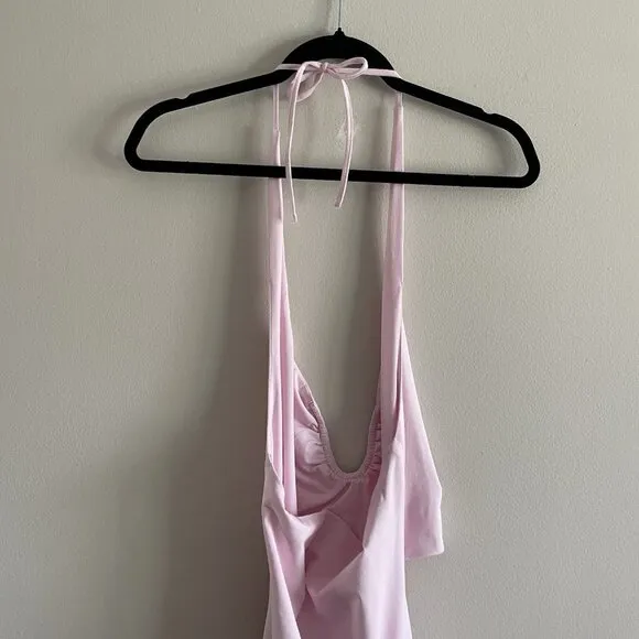 Beginning Boutique Wmn 6 Pink Ruffle Cut Out Front Halter Raelynn Maxi Dress NWT