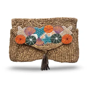 Beige Rafiya Clutch with Seashells Embroidery
