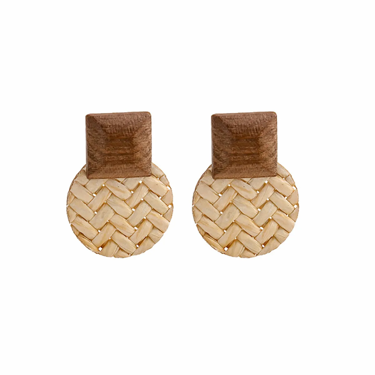 Beige Rattan & Wood Round Drop Earrings