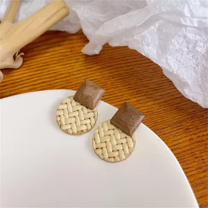 Beige Rattan & Wood Round Drop Earrings