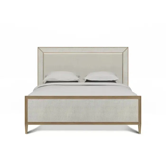 Belgravia Upholstered King Bed in Sandbar. Upholstered in Dinara Natural Performance Fabric w/ White Rattan