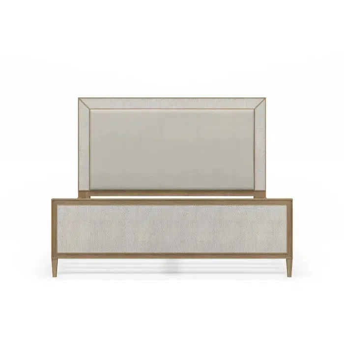 Belgravia Upholstered King Bed in Sandbar. Upholstered in Dinara Natural Performance Fabric w/ White Rattan