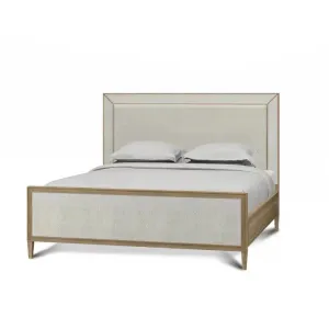 Belgravia Upholstered King Bed in Sandbar. Upholstered in Dinara Natural Performance Fabric w/ White Rattan