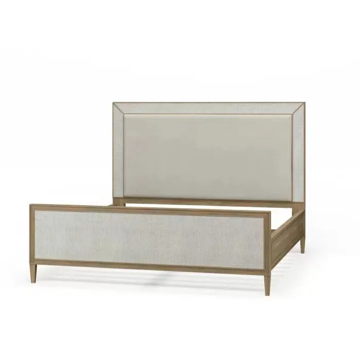 Belgravia Upholstered King Bed in Sandbar. Upholstered in Dinara Natural Performance Fabric w/ White Rattan