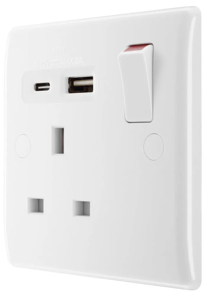 BG 821UAC18 White Round Edge 13A Single Switched Power Socket   USB A C (18W)