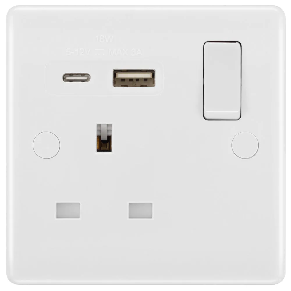 BG 821UAC18 White Round Edge 13A Single Switched Power Socket   USB A C (18W)