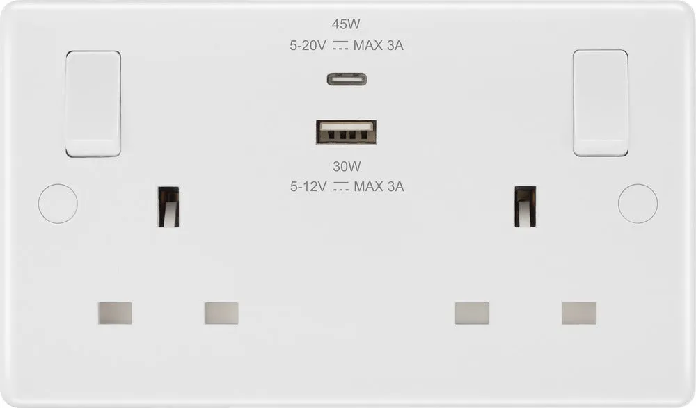BG 822UAC45 White Round Edge 13A Double Switched Power Socket   USB A C (45W)