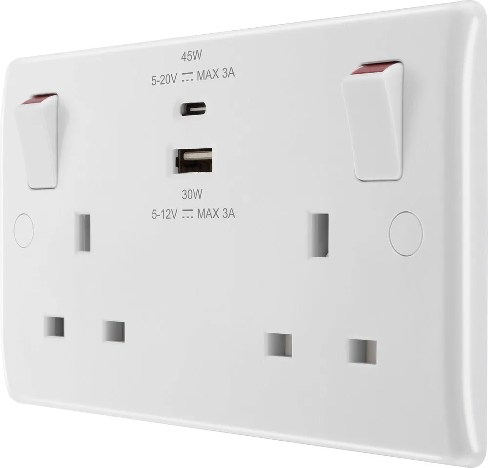 BG 822UAC45 White Round Edge 13A Double Switched Power Socket   USB A C (45W)