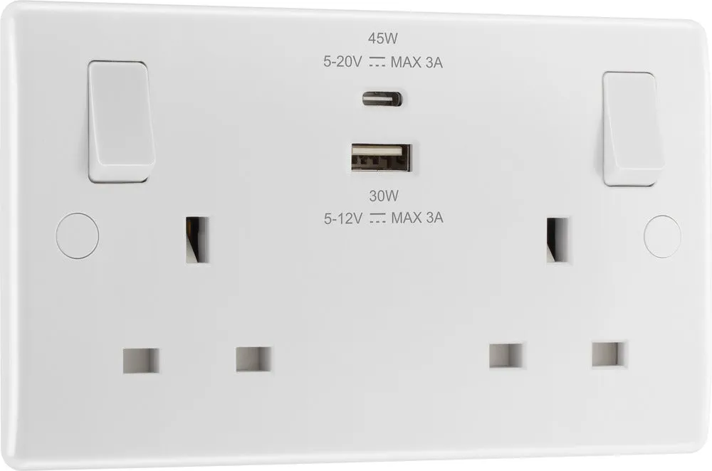 BG 822UAC45 White Round Edge 13A Double Switched Power Socket   USB A C (45W)