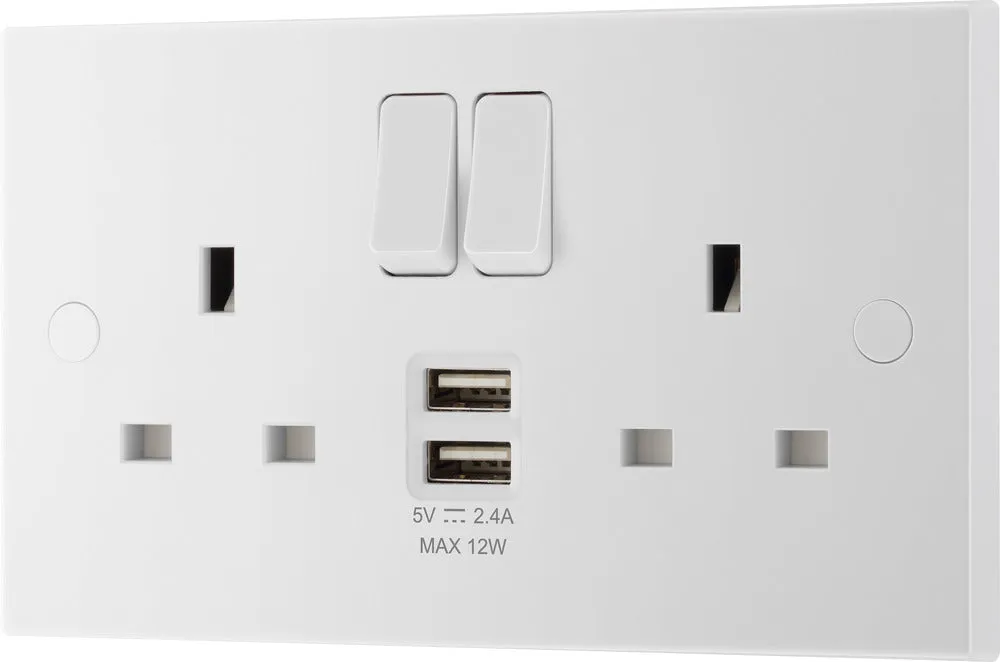 BG 922UAA12 White Square Edge 13A Double Socket   2xUSB A (12W)