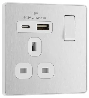 BG Evolve PCDBS21UAC18W 13A Single Switched Power Socket   USB A C (18W) - Brushed Steel (White)