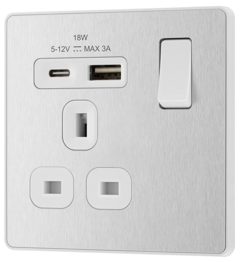 BG Evolve PCDBS21UAC18W 13A Single Switched Power Socket   USB A C (18W) - Brushed Steel (White)