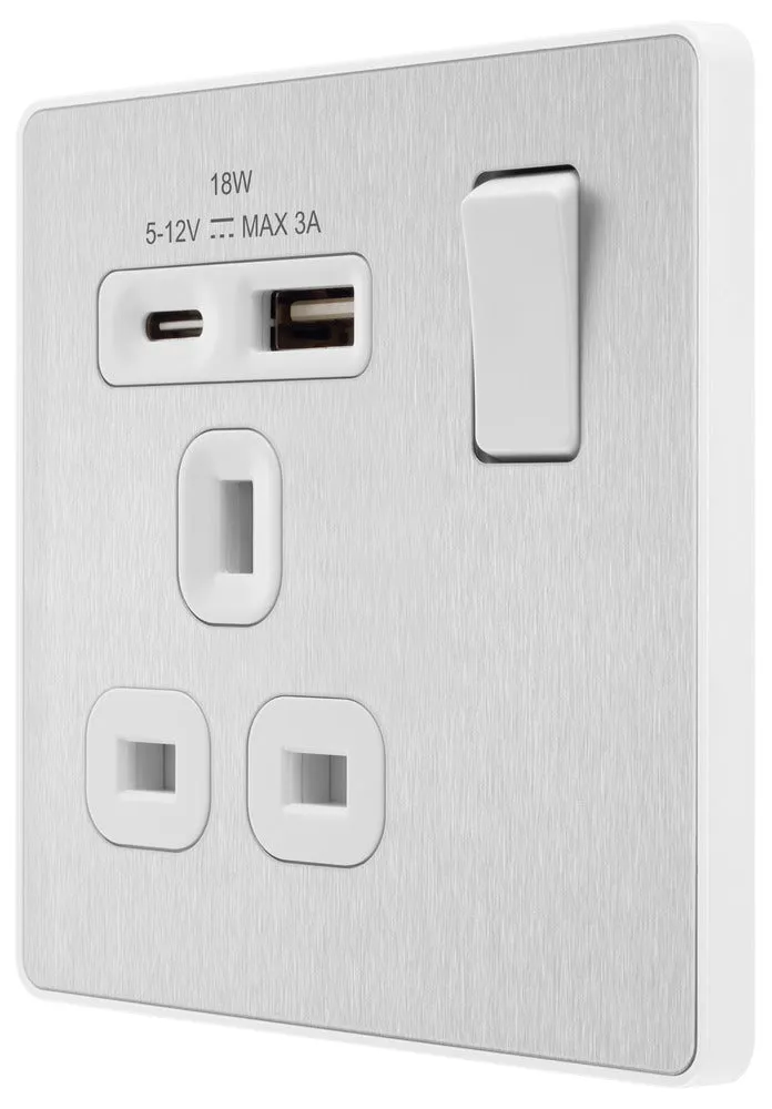 BG Evolve PCDBS21UAC18W 13A Single Switched Power Socket   USB A C (18W) - Brushed Steel (White)