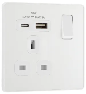 BG Evolve PCDCL21UAC18W 13A Single Switched Power Socket   USB A C (18W) - Pearlescent White (White)
