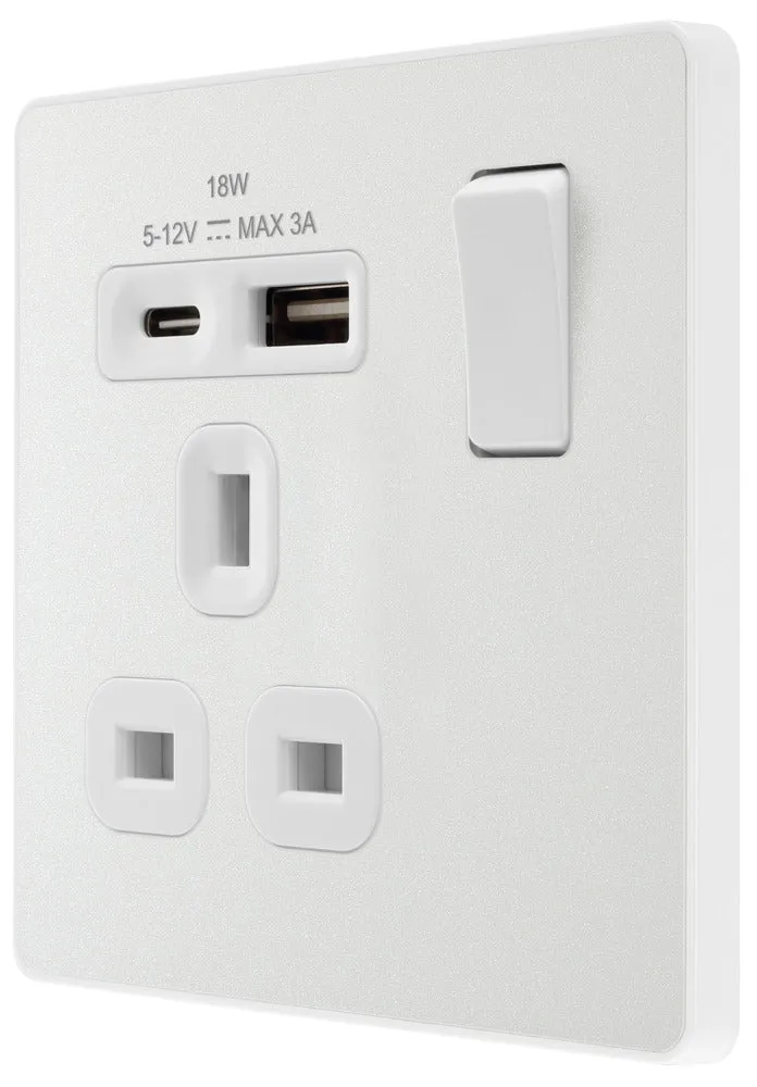 BG Evolve PCDCL21UAC18W 13A Single Switched Power Socket   USB A C (18W) - Pearlescent White (White)
