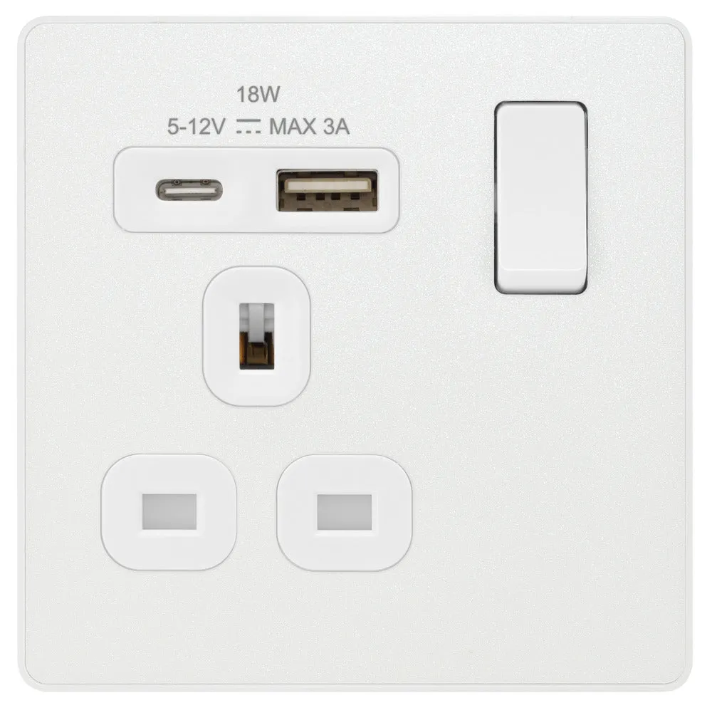 BG Evolve PCDCL21UAC18W 13A Single Switched Power Socket   USB A C (18W) - Pearlescent White (White)