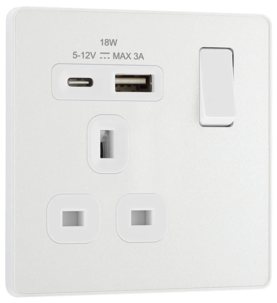 BG Evolve PCDCL21UAC18W 13A Single Switched Power Socket   USB A C (18W) - Pearlescent White (White)