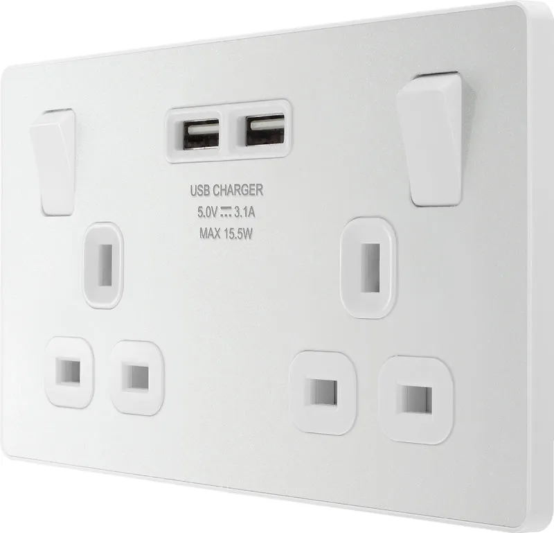 BG Evolve PCDCL22U3W 13A Double Switched Power Socket   2xUSB(3.1A) - Pearlescent White (White)