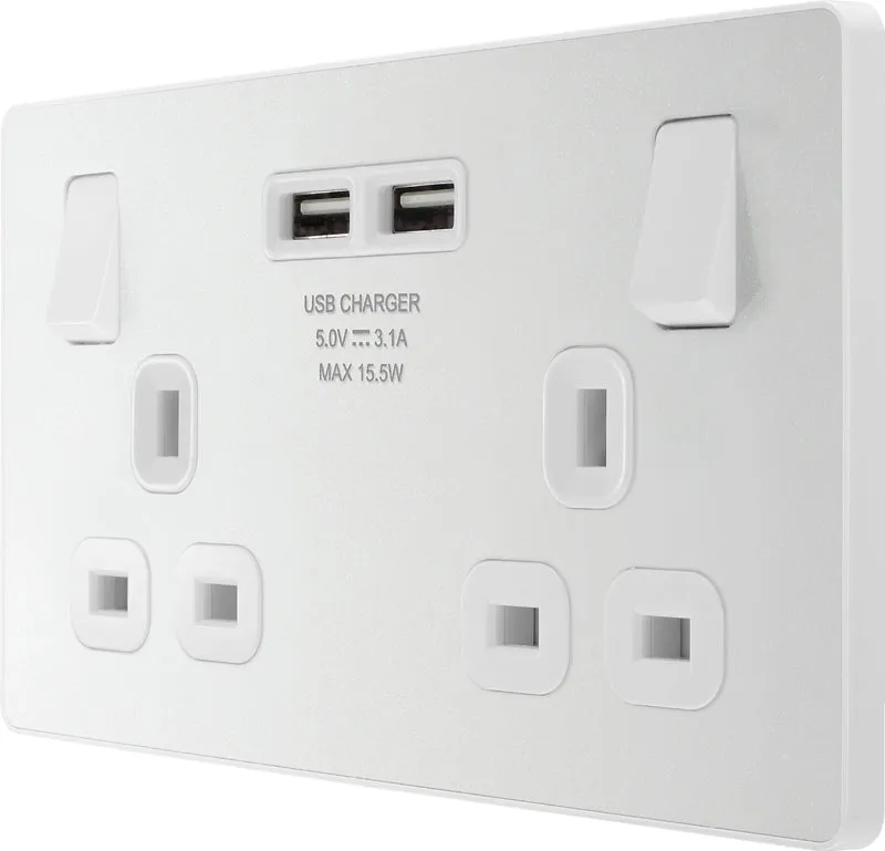 BG Evolve PCDCL22U3W 13A Double Switched Power Socket   2xUSB(3.1A) - Pearlescent White (White)