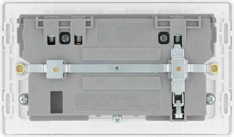 BG Evolve PCDCL22U3W 13A Double Switched Power Socket   2xUSB(3.1A) - Pearlescent White (White)