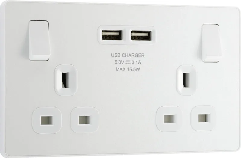 BG Evolve PCDCL22U3W 13A Double Switched Power Socket   2xUSB(3.1A) - Pearlescent White (White)