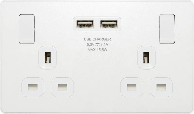 BG Evolve PCDCL22U3W 13A Double Switched Power Socket   2xUSB(3.1A) - Pearlescent White (White)