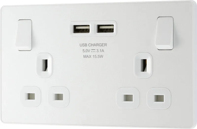 BG Evolve PCDCL22U3W 13A Double Switched Power Socket   2xUSB(3.1A) - Pearlescent White (White)