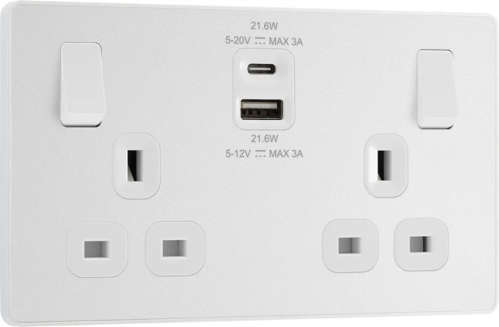 BG Evolve PCDCL22UAC22W 13A Double Switched Power Socket   USB A C (22W) - Pearlescent White (White)