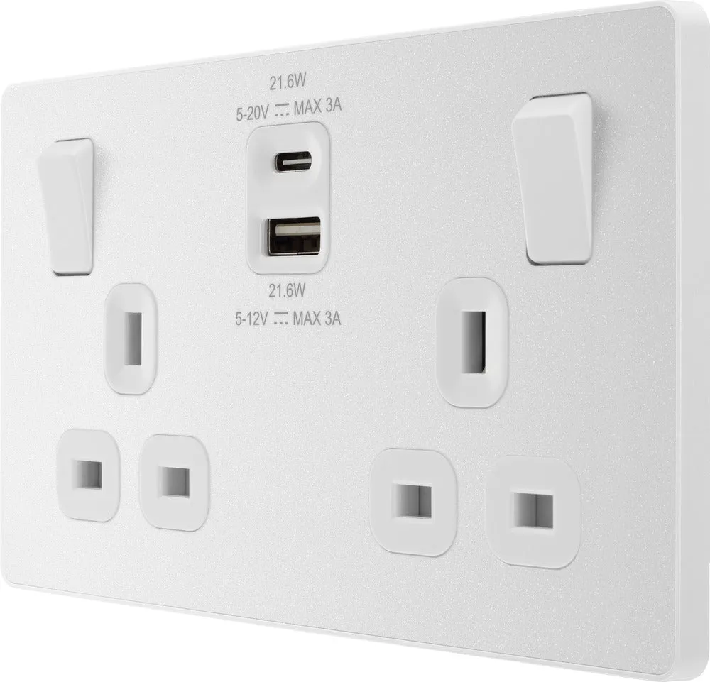 BG Evolve PCDCL22UAC22W 13A Double Switched Power Socket   USB A C (22W) - Pearlescent White (White)