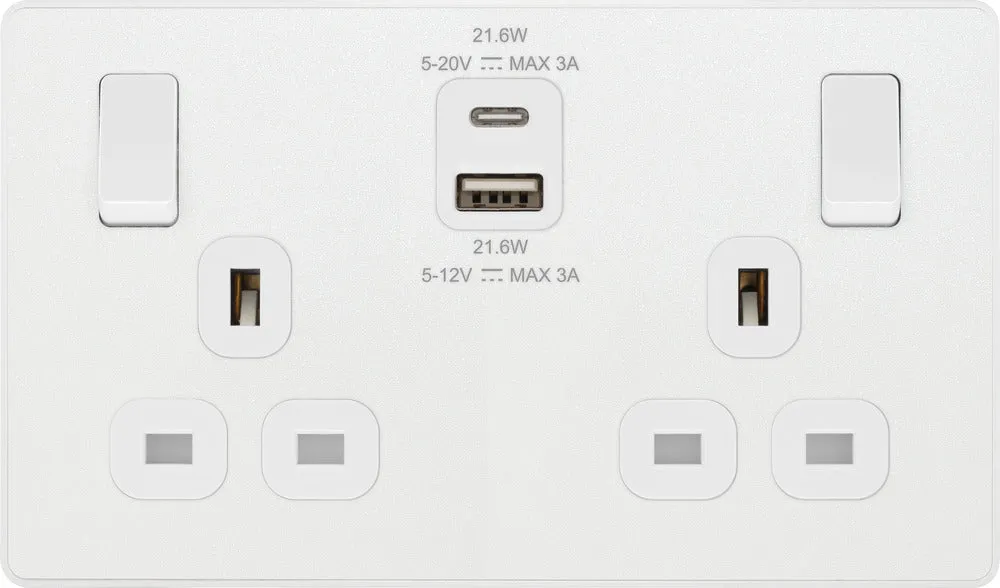 BG Evolve PCDCL22UAC22W 13A Double Switched Power Socket   USB A C (22W) - Pearlescent White (White)