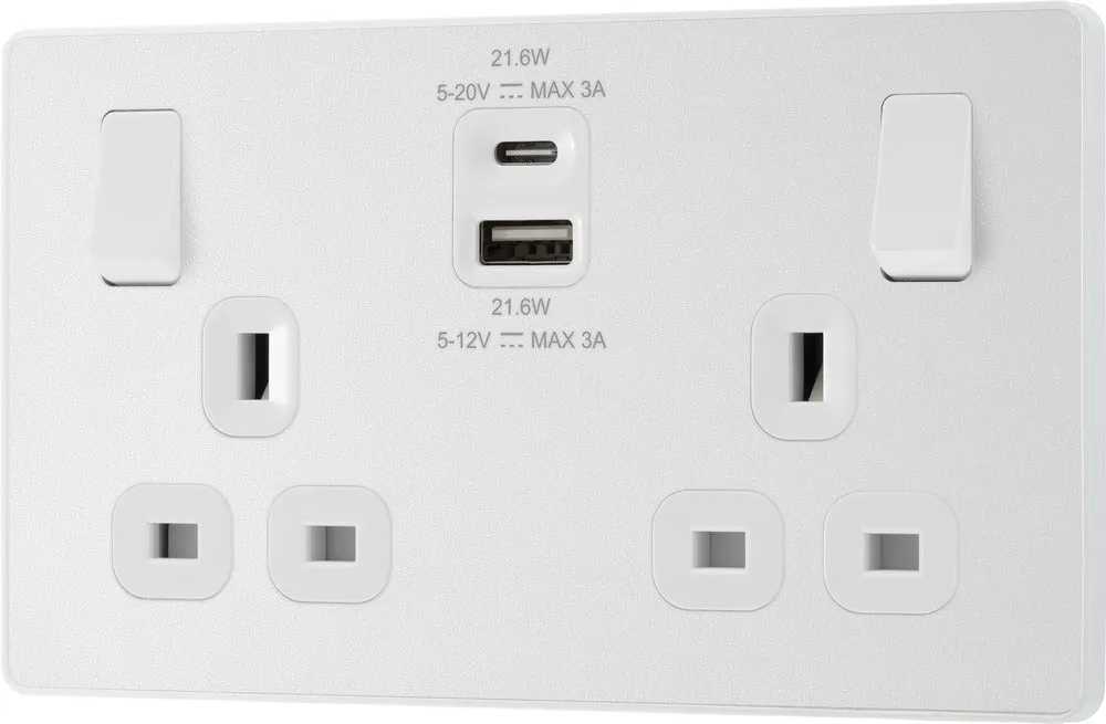 BG Evolve PCDCL22UAC22W 13A Double Switched Power Socket   USB A C (22W) - Pearlescent White (White)