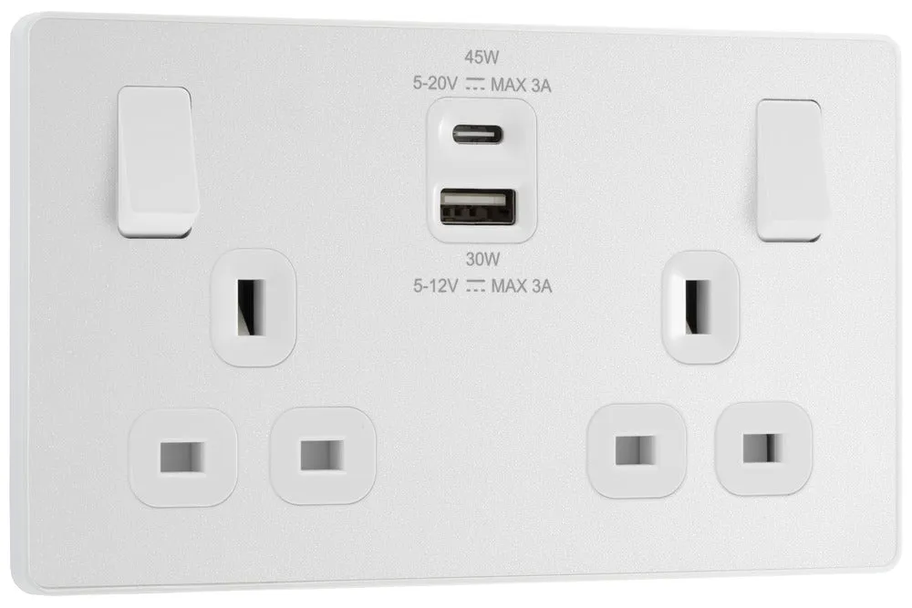 BG Evolve PCDCL22UAC45W 13A Double Switched Power Socket   USB A C (45W) - Pearlescent White (White)