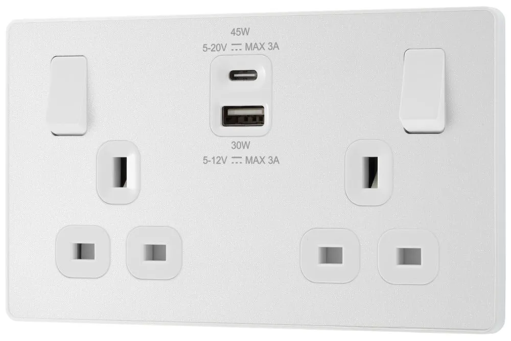 BG Evolve PCDCL22UAC45W 13A Double Switched Power Socket   USB A C (45W) - Pearlescent White (White)